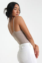 Load image into Gallery viewer, Made in a classic taupe color, this spaghetti strap bodysuit easily tucks into any bottom. This simple piece is immediately elevated with a cheeky snap bottom and textured rib knit detailing.