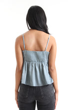 Load image into Gallery viewer, Having a beautiful silky sheen to it, introduce the color, cloud blue into your closets. With a babydoll silhouette, this blouse is completed with adjustable spaghetti straps & smocked back detailing.