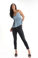 Load image into Gallery viewer, Having a beautiful silky sheen to it, introduce the color, cloud blue into your closets. With a babydoll silhouette, this blouse is completed with adjustable spaghetti straps & smocked back detailing.