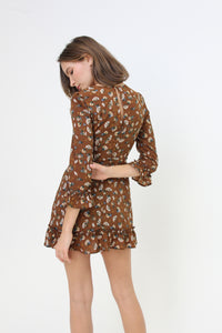 Floral, Chocolate Brown, Ruffle Detailed, Mini Dress