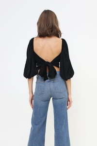 Cropped, Bustier, Tie-Back, Ribbon Back, Balloon Sleeve Blouse